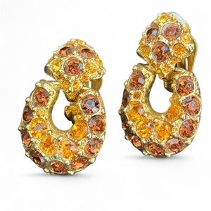 Vintage Gold Tone Amber Orange and Rootbeer Brown Rhinestone Clip Earrings
